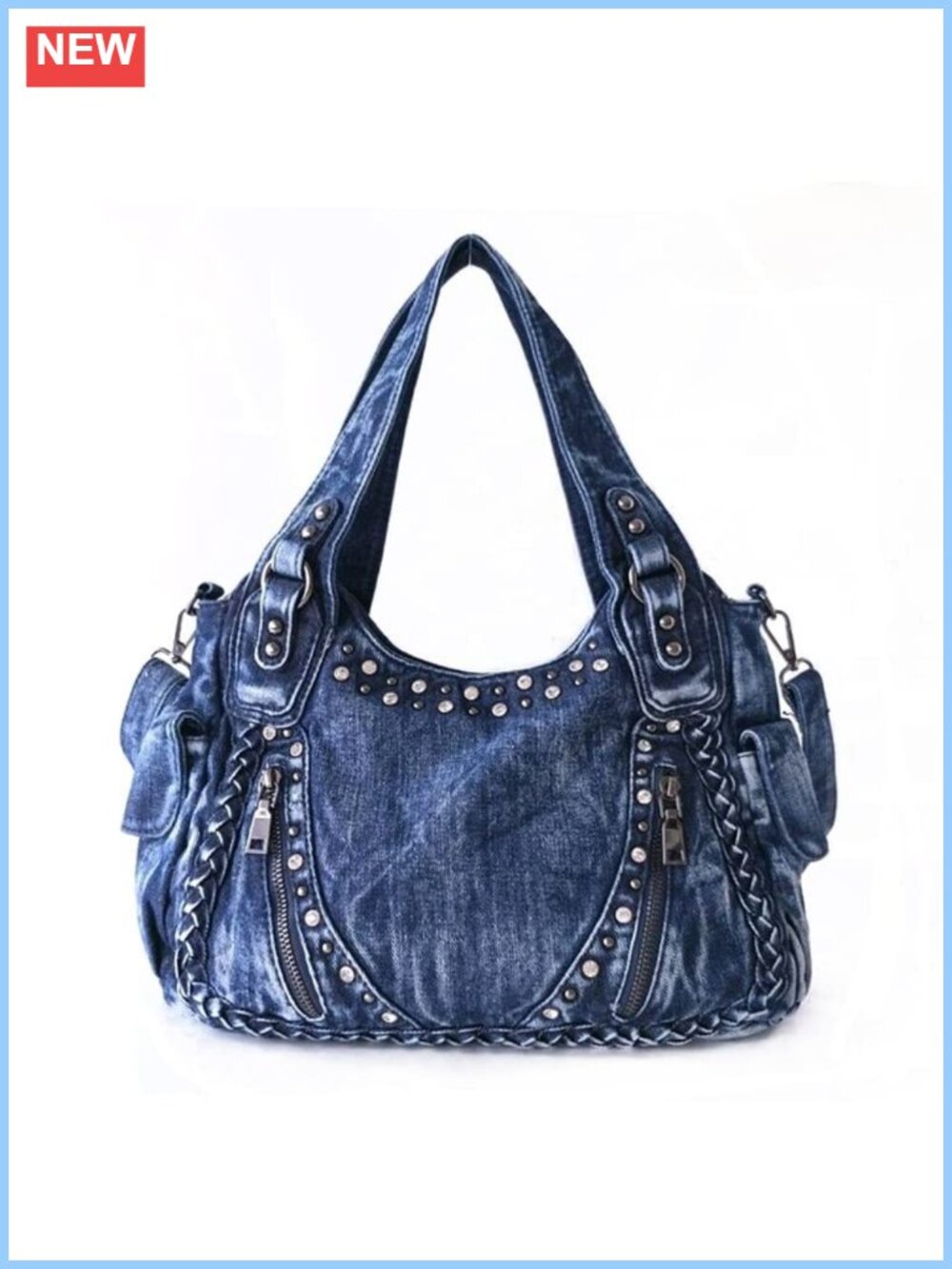 Distressed Denim Tote Bag with Rivet Weave Detail